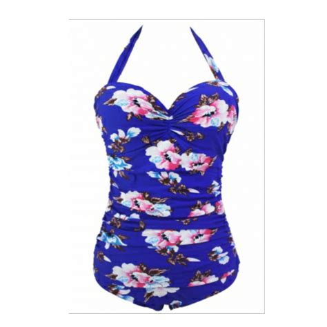 Floral Print Royal Blue Retro One Piece Swimsuit Emfed