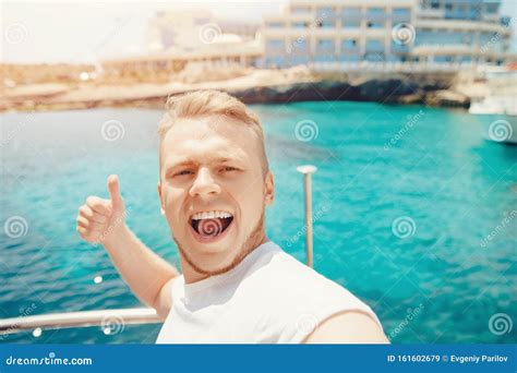 Male Tourist Takes Selfie Photo On Cruise Ship Liner Travels Through