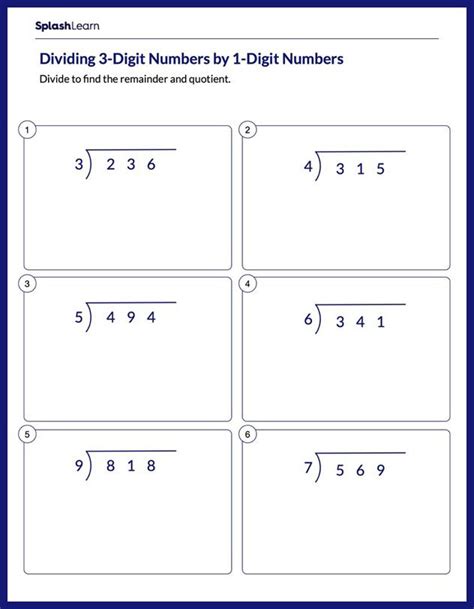 Divide 3 Digit Numbers By 1 Digit Numbers Math Worksheets Splashlearn