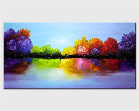 Colorful Landscape Painting Textured Blooming Trees Painting