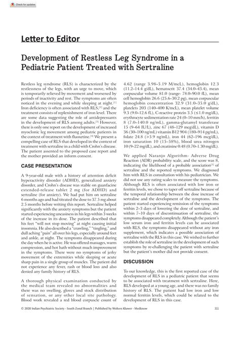 Pdf Development Of Restless Leg Syndrome In A Pediatric Patient Treated With Sertraline