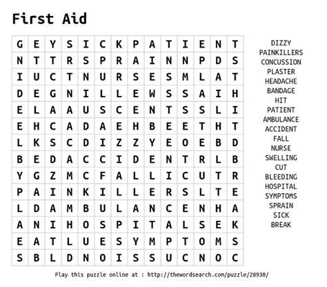 The First Aid Word Search Is Shown In Black And White