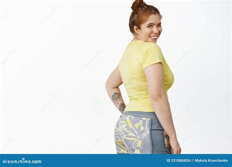 Happy Chubby Woman In Fitness Clothes Rear View Redhead Girl In Workout Outfit Turn At Camera