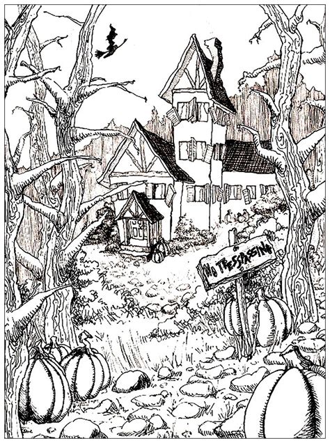 They're perfect for kids to color near halloween. Haunted house and pumpkins - Halloween Adult Coloring Pages