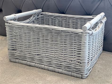 Grey Wicker Storage Crate Basket Wooden Handles High Quality Etsy