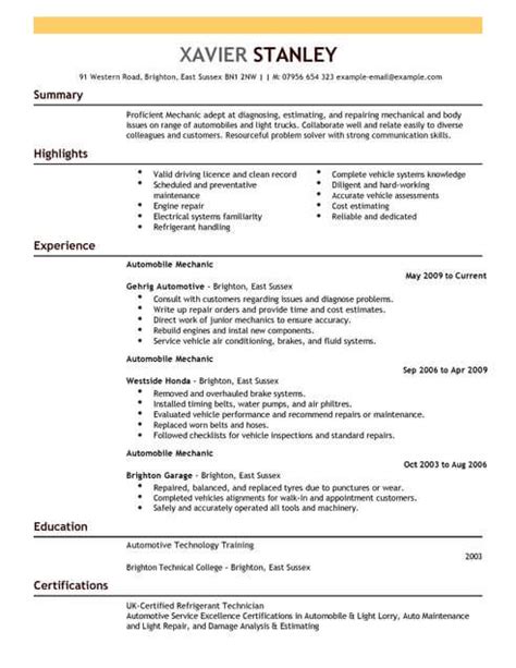 Hiring managers in the automotive industry may be recruiting individuals based on a specific set of skills and knowledge. Mechanic CV Template | CV Samples & Examples