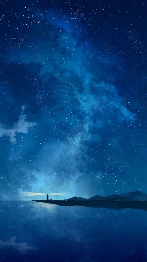 Download Vast Ocean With Lighthouse Night Anime Wallpaper
