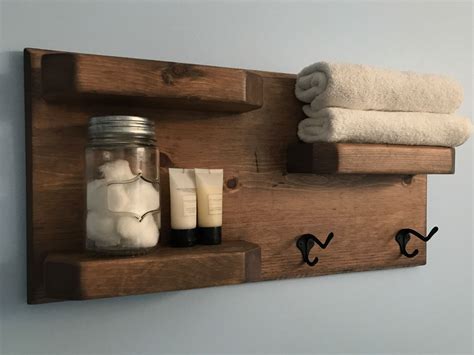 Weathered Oak Rustic Bathroom Shelves With Towel Hooks Etsy Rustic