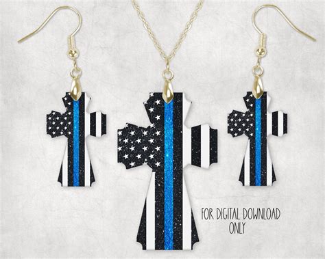 Thin Blue Line Cross Necklace And Earring Design Download Etsy