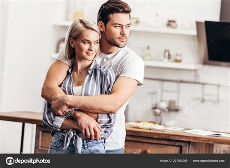 Handsome Boyfriend Attractive Girlfriend Hugging Kitchen Stock Photo By