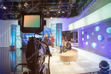 Television Studio With Camera And Lights Recording Tv Show Stock