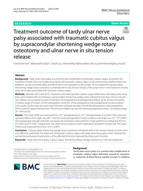 Pdf Treatment Outcome Of Tardy Ulnar Nerve Palsy Associated With