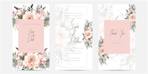Conjunto de cartão de convite de casamento floral nude aquarela flor rosa e folhas Vetor Premium