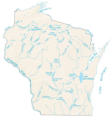 Wisconsin Lakes And Rivers Large Map Vivid Imagery 12 Inch By 18 Inch