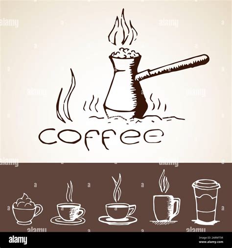 Coffee Sketches Set Collection Of Hand Drawn Pictures With Cezve Cups