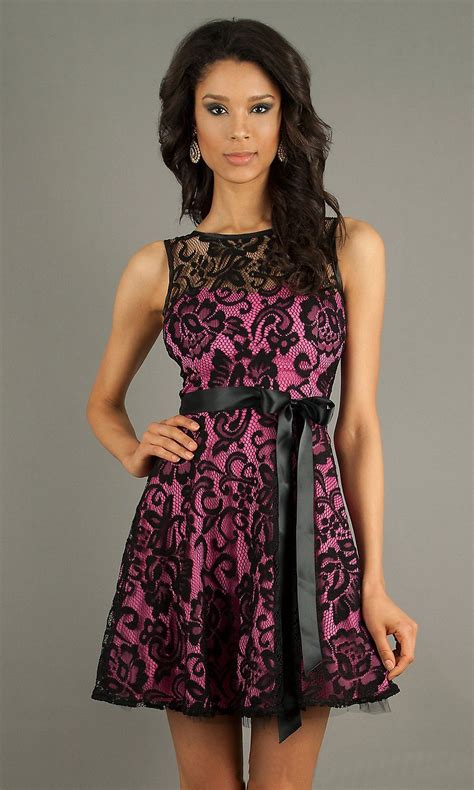 Modest Black Fuchsia Lace Dress Short A Line Wide Straps High Neck 99