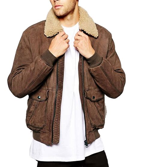 Mens Bomber Brown Leather Jacket With Sherpa Fur Collar Jackets Creator