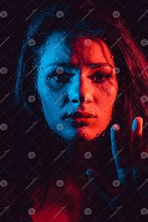 sensual portrait of sad crying girl behind glass with raindrops stock image image of weeping