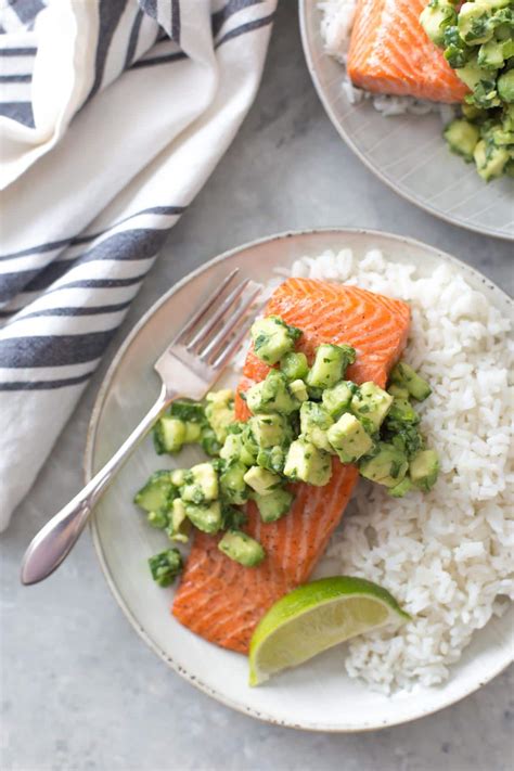 Roasted Salmon With Avocado Cucumber Salsa Simply Whisked
