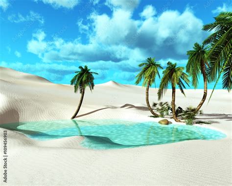 Oasis In The Desert Palm Trees Around The Water The Lake In The