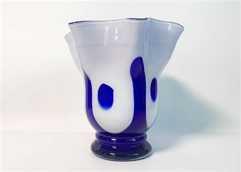 Vintage Cobalt Blue And White Art Glass Vase Retro Mid Century Ruffled