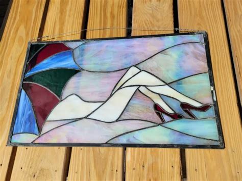 Vintage Stained Glass Window Panel Nude Woman In Heels Silhouette Umbrella Beach Picclick