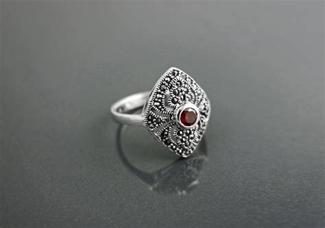 Garnet Marcasite Ring Sterling Silver Vintage Marquise Ring Lab Red