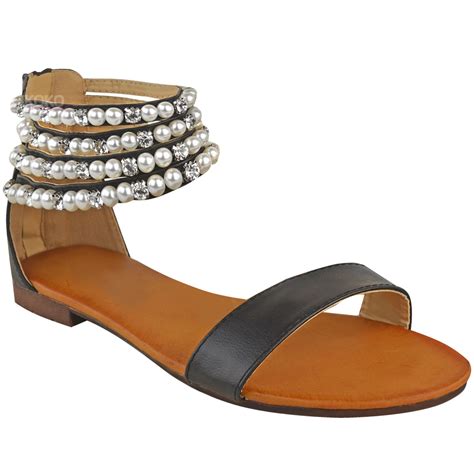 Womens Ladies Flat Slip On Pearl Sandals Ankle Strappy Diamante