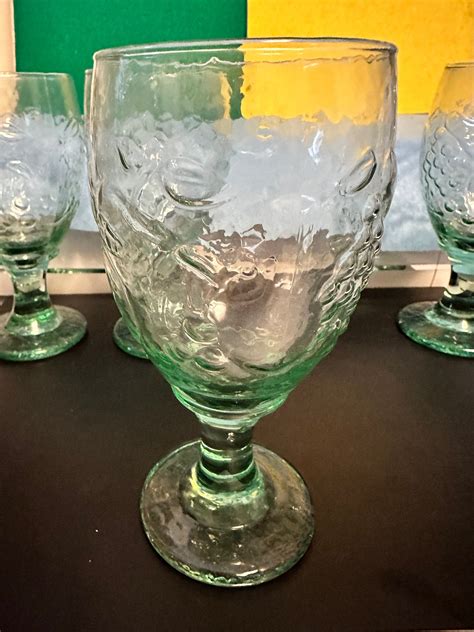 Vintage Libbey Glass Orchard Fruit Spanish Green Water Goblets Set Of 4 Stemmed Water Or Iced