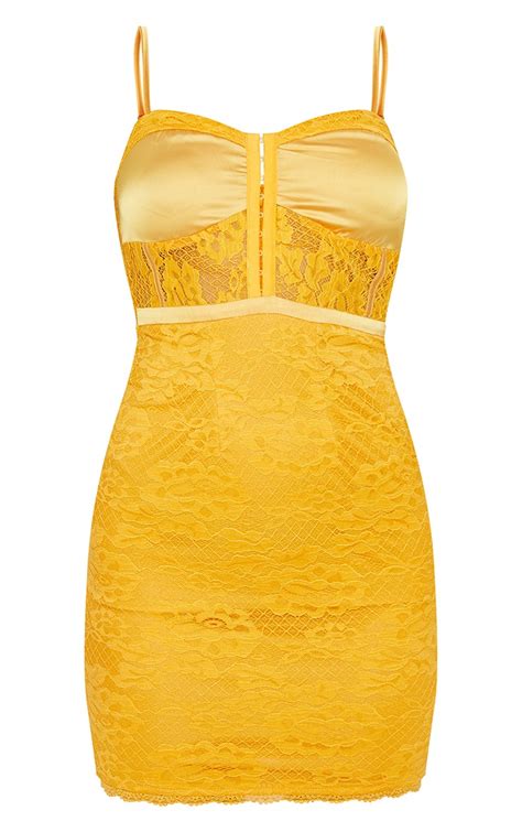 Yellow Lace Corset Bodycon Dress Dresses Prettylittlething Ie