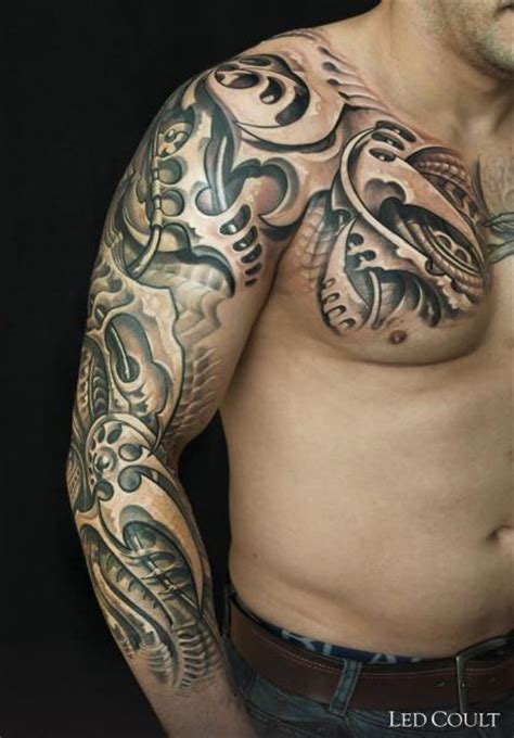 Flower tattoo designs on sleeve tattoo. Black and White Biomechanical tattoo sleeve by Led Coult ...