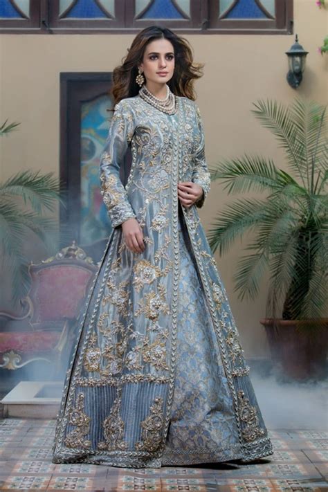 pakistani open style long maxi in gray color with magnificent look emblazoned with beautiful