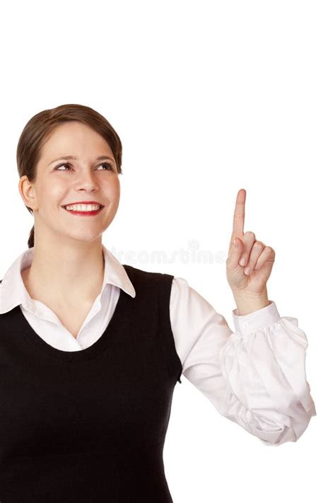 Happy Business Woman Pointing With Finger Up Stock Photo Image Of