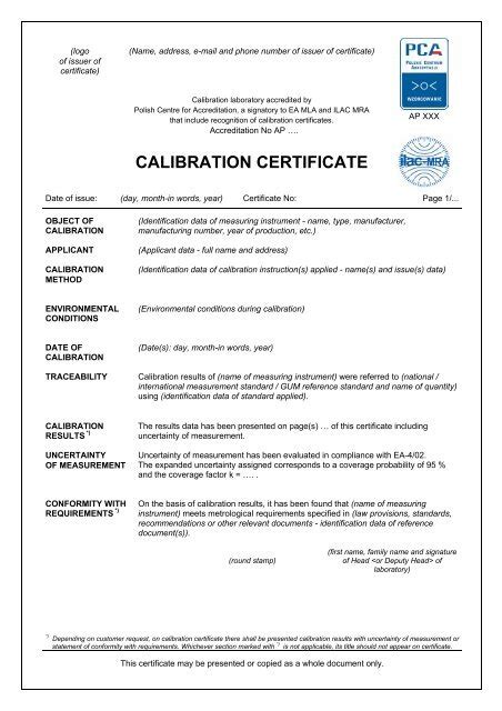 Certificate Of Calibration Template