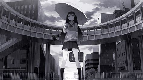 Wallpaper Street Long Hair Anime Girls Umbrella