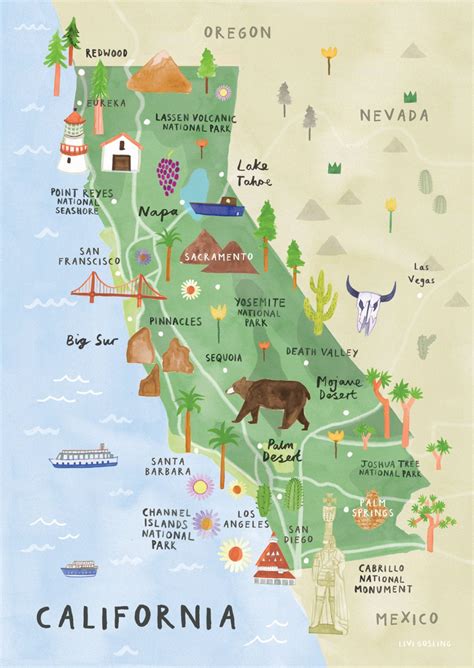 California Illustrated Map California Print California Map Etsy