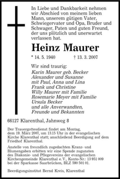 Traueranzeigen Von Heinz Maurer Saarbruecker Zeitung Trauer De