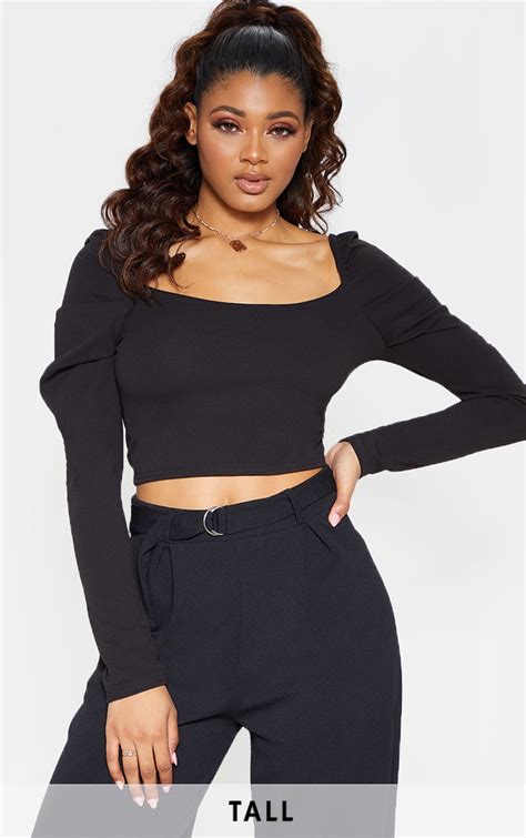 Tall Black Square Neck Long Sleeve Crop Top Prettylittlething Ie