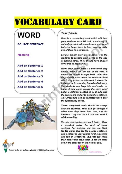 English Worksheets Vocabulary Card