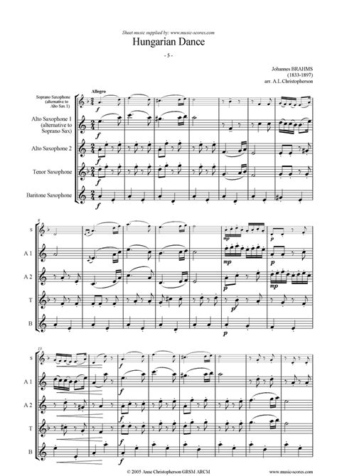 Brahms Hungarian Dance No5 Sax Quartet Classical Sheet Music