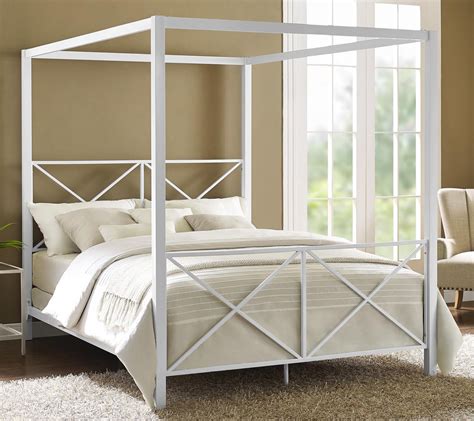 Full Queen White Metal Canopy Bed Frame Criss Cross Headboard Footboard