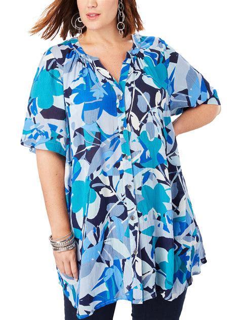 Roamans Roamans Blue Printed Short Sleeve Angelina Tunic Plus