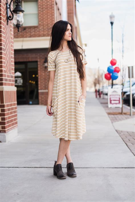 White And Mustard Stripe April Dress Denim And Navy Fashion Modest Clothing For Teens And Women Of