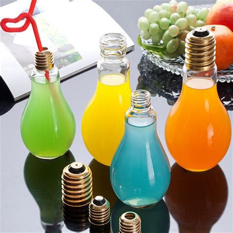 Light Bulb Shape Glass Beverage Bottle With Lid Straws Customer Capacity