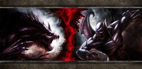Two Demonic Creatures Facing Each Other In Front Of A Red And Black