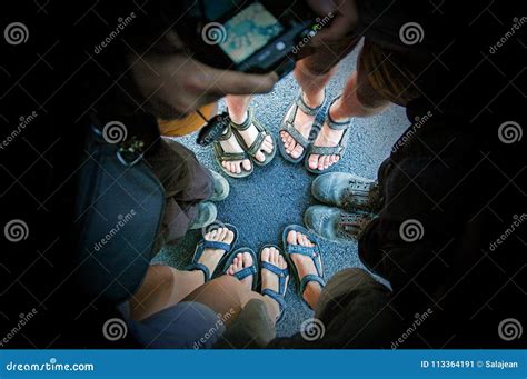 Top View Of Friends Feet Standing In Circle Stock Image Image Of Human Asphalt