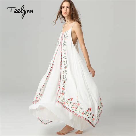 Teelynn Maxi White Boho Dress Vintage Floral Embroidered Sleeveless Strap Long Summer Dresses