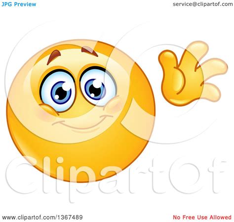 Clipart Of A Cartoon Yellow Smiley Face Emoticon Emoji Waving Hello