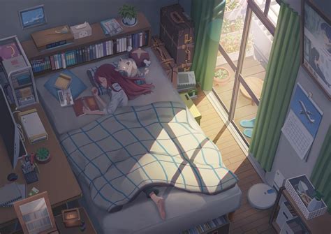 Anime Girl With Brown Hair Sleeping In A Bed