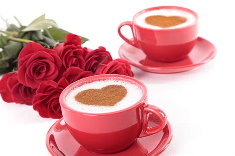 Photo Valentines Day Heart Two Coffee Cappuccino Cup Food White